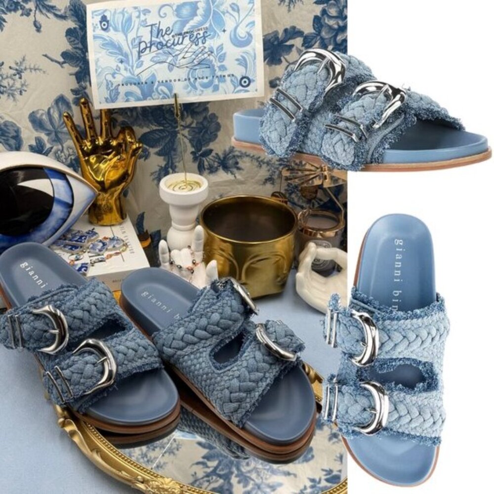🆕 GIANNI BINI 🧿 NWOB Cecil Two Braided Denim Double Banded Slide Sandals Sz7.5
